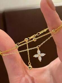 1pc Ascension Day Cross Inlaid Double-Layer Bracelet, Fashionable Luxury Copper Material, Suitable For Women's Daily Wear - Gold - View 14