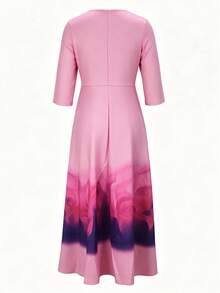 Elegantes Damen Kleid mit Farbverlauf Blume Muster, rundem Ausschnitt, Langarm, leicht dehnbarem Stoff, Urlaubsrosa, Knielang - Pink - Übersicht 6