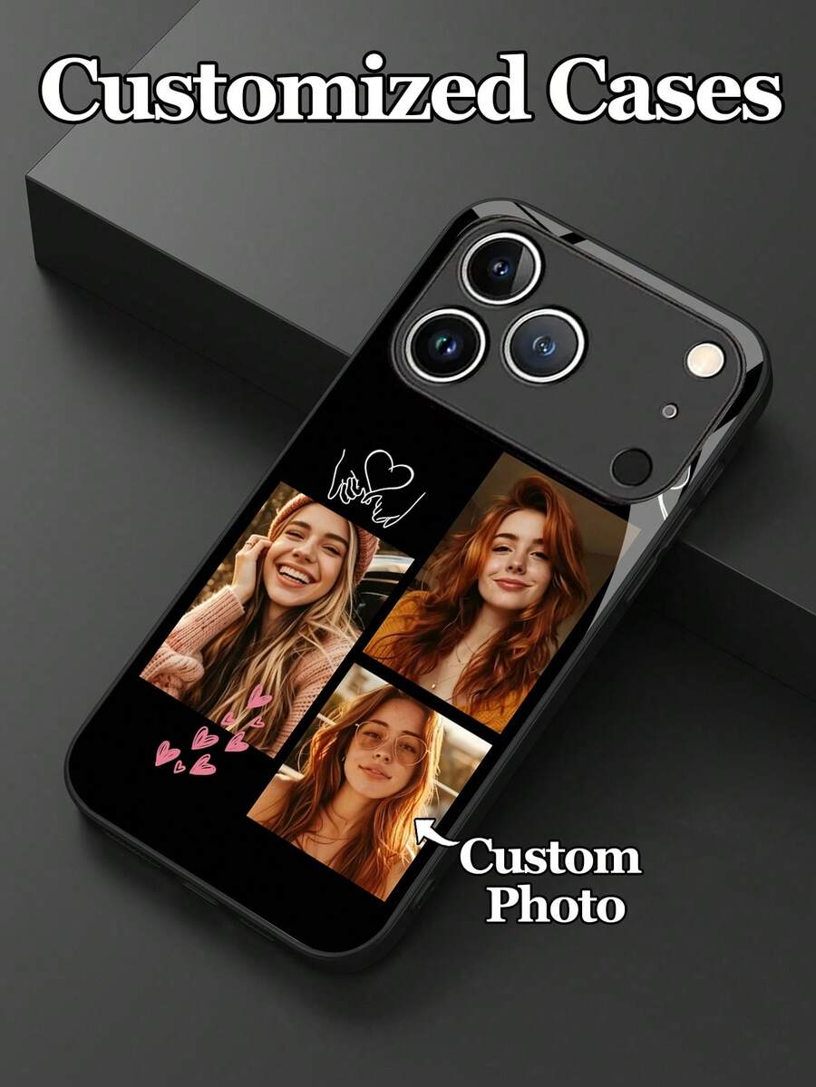 1个可定制三图钢化玻璃手机壳,兼容 17 Pro Max/17 Air/15/16 Pro/14 Plus/13 Pro/12 Pro Max/11/Xs Max/8/7/6 Plus、S24 Ultra/S25 Ultra、Note 13/14、K40、小米11,情人节、婚礼、周年纪念日个性化礼物,送给男友、女友、家人、朋友、祖父母、情侣的理想礼物 - 黑色 - 查看 1