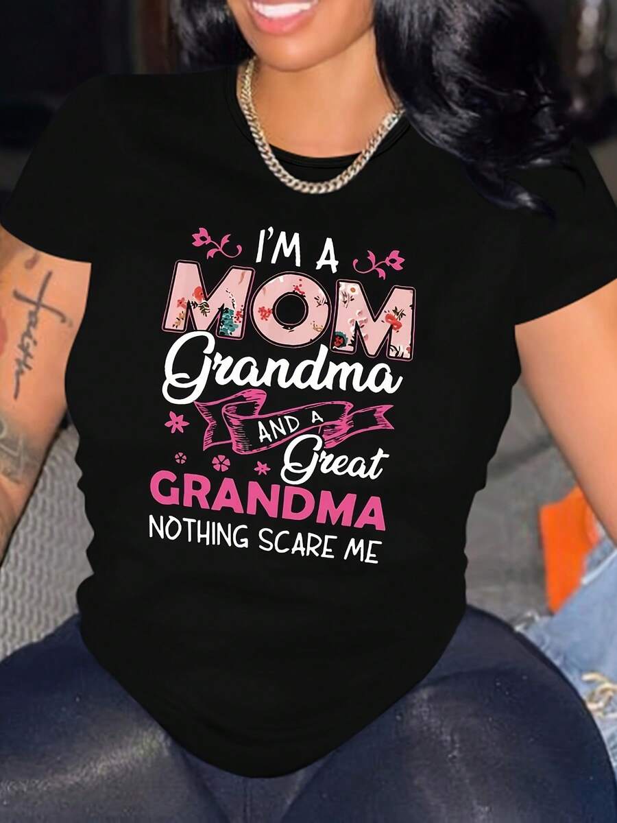 Camiseta de talla grande con estampado de letras, camiseta casual de manga corta con cuello redondo, ropa de talla grande para mujer - Negro - Ver 1