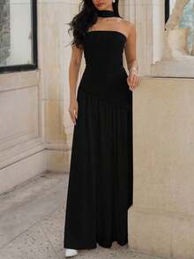 Vestido elegante y sexy de unicolor con abertura para fiesta, vacaciones y boda, color verde oscuro para primavera - Negro - Ver 2