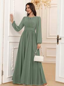 Elegant A-Line Round Neck Long Sleeve Floor-Length Chiffon Bridesmaid Dress, Wedding Guest Dress, Unlined Sleeves Spring - Eucalyptus - View 4