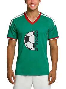 Camiseta de Estilo Deportivo Casual para la Temporada de Fútbol 2026, Diseño con Balón de Fútbol y Texto, Jersey con Cuello en V, Camiseta de Fútbol para Hombres y Regalos de Primavera Verano - Verde - Ver 2