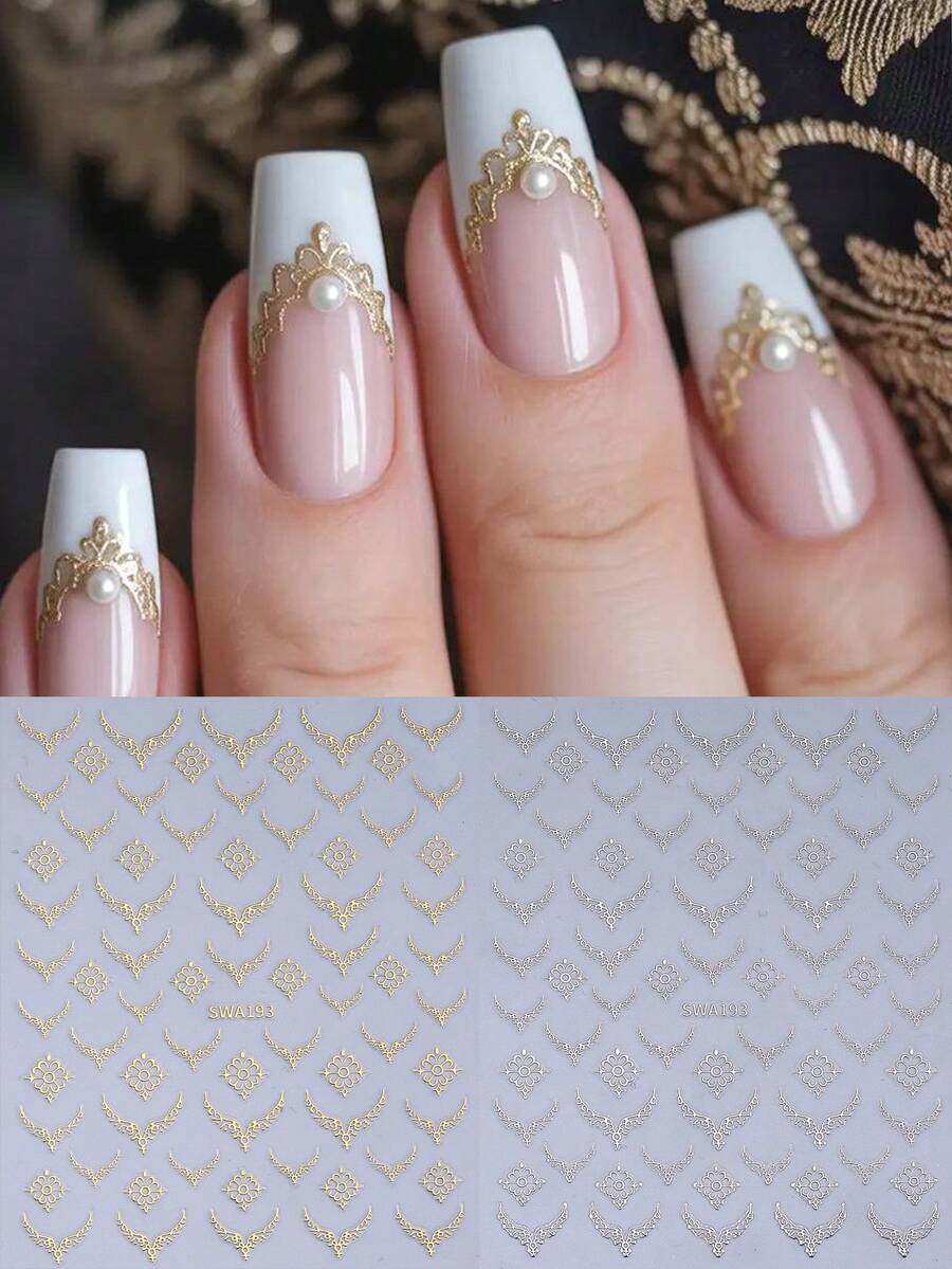 SWEET TREND Adesivos de Unha Florais Metálicos 3D 2 Peças Dourado e Prata - Design Vazado Estilo Vintage Corte Esmalte Pétalas Padrões de Colar Francês DIY Y2K Luxo Barroco Decalques Autoadesivos Decoração de Arte de Unhas em Gel Suprimentos para Unhas - Multicolorido - Visão 1