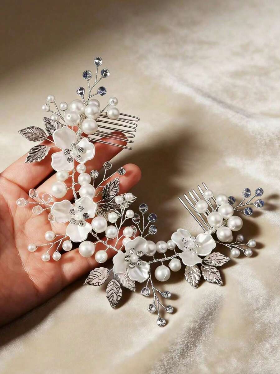 1 bộ phụ kiện đội đầu cô dâu thủ công cao cấp gồm lá hợp kim đính ngọc trai xoắn, lược cài tóc và băng đô để chụp ảnh cưới. - 63441 - Xem 1