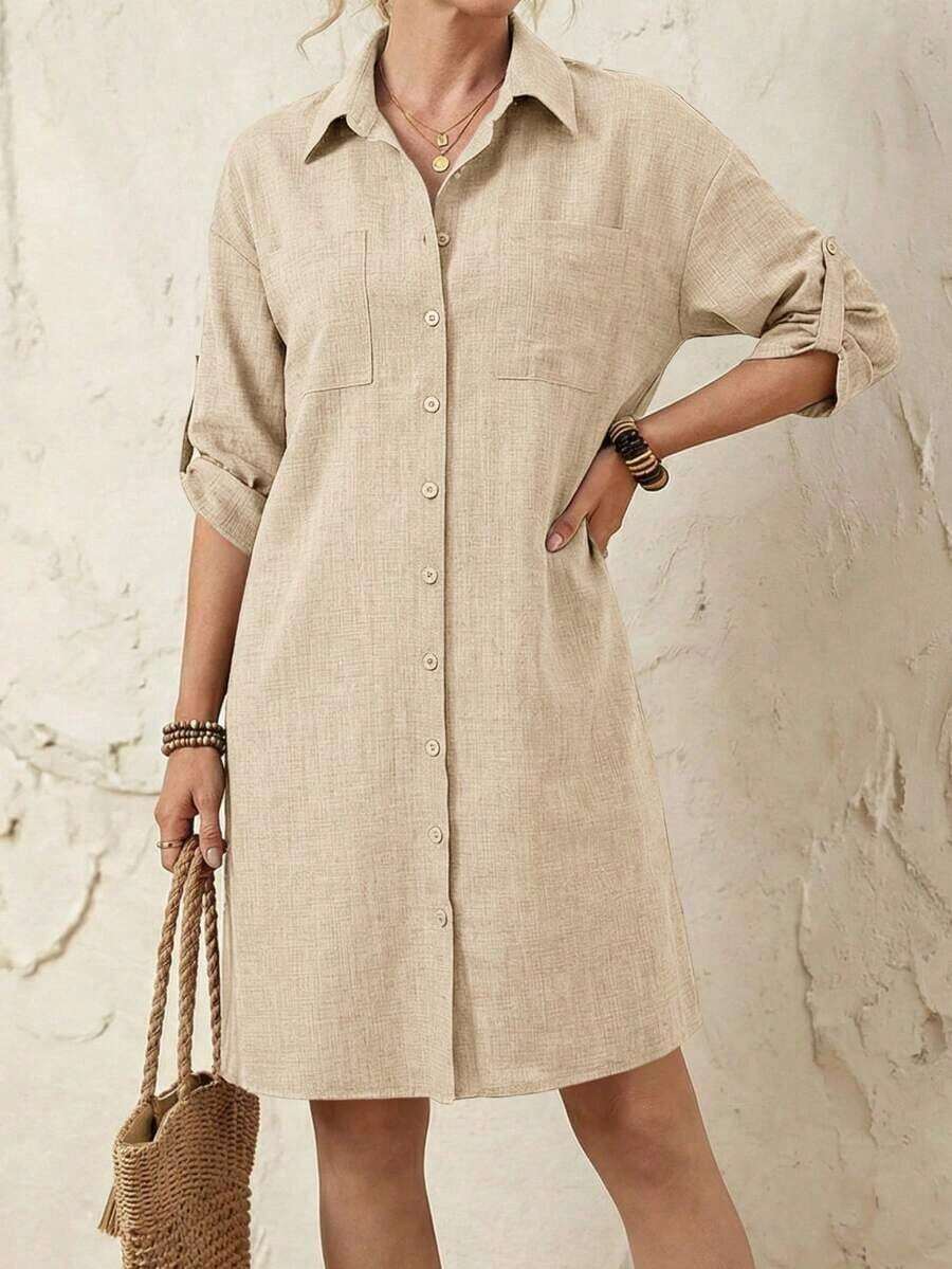Vestido de camisa de botones delanteros con mangas enrolladas a rayas para mujer para vacaciones y ocio - Caqui - Ver 1