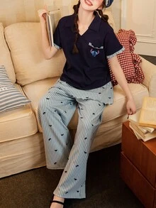Gongdie Disney 2件套迪士尼女士夏季睡衣，迪士尼史迪奇印花短袖上衣和阔腿裤套装，柔软家居睡衣 - 彩色 - 查看 6