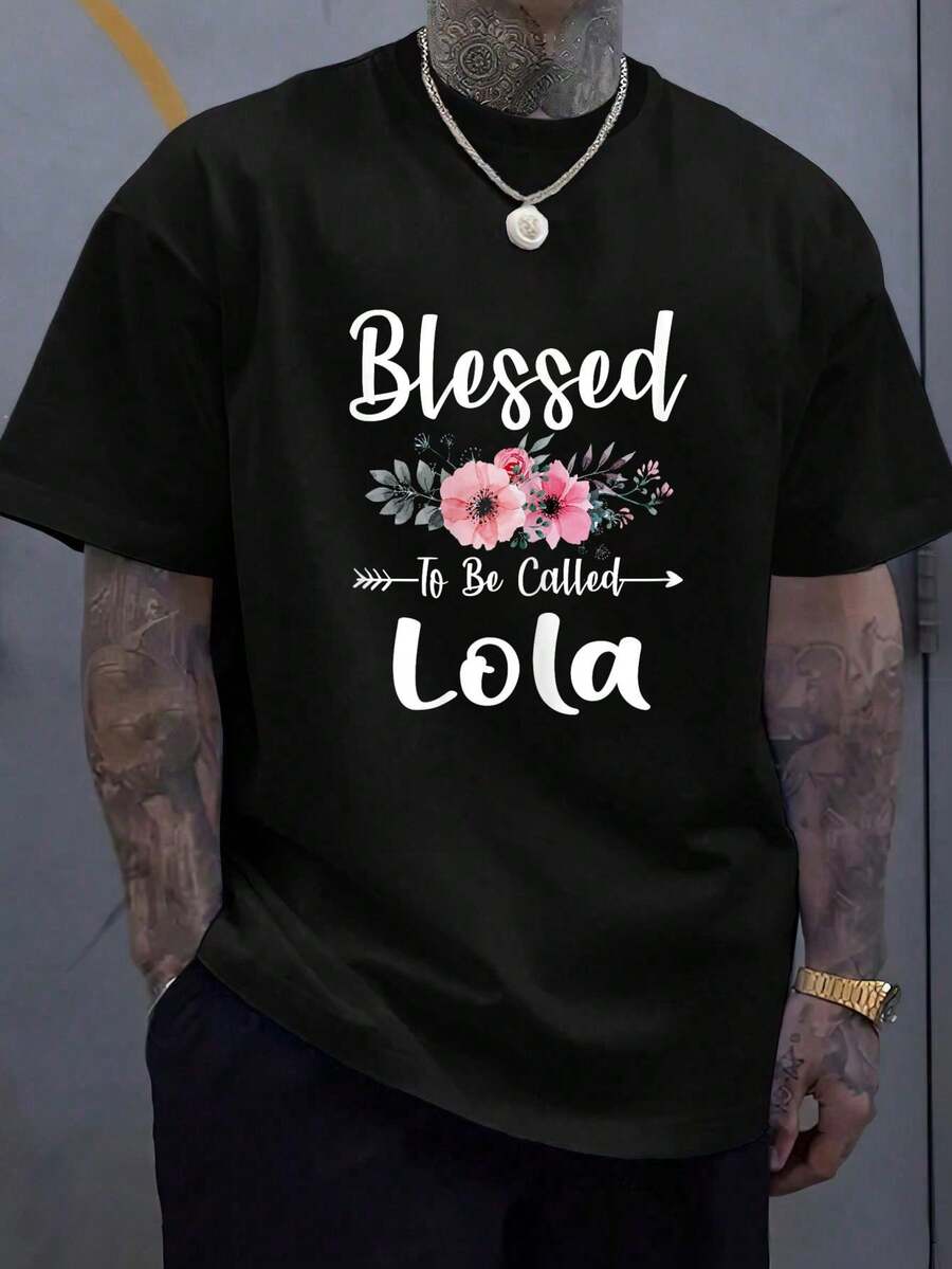 Womens Blessed To Be Called Lola Shirt Mother's Day T-Shirt - 100% Cotton, Men's Casual Round Neck Short Sleeve - 黑色 - 查看 1