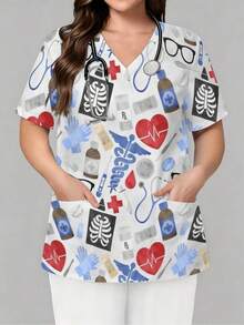 Plus-Size Women's All-Print Nurse Top. This Stylishly Patterned Nurse Top Is Perfect For Hospital, Dental, Nursing, And Healthcare Workers. - Sayle - View 2
