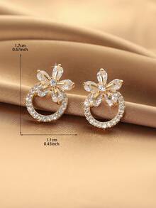 1 Pair Luxury Minimalist Elegant Floral Hollow Hoop Earrings With Zirconia Stone, Gold & Silver Dual-Tone Delicate Elegant Earrings For Work And Date - Multicolor - View 5