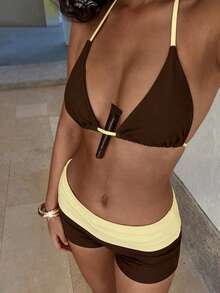 Women's Swimsuit Bikini,Brown Yellow Bikini Casual Pilates Set Beachwear/Gym Swimshorts Going Out Outfits/Casual/Y2k/Streetwear/Vacation Summer Outfit - Brownish-yellow - View 3