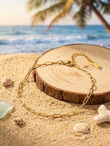 Tobillera con cadena de clip de papel chapada en oro de 18K, joyería para el pie de estilo minimalista y de playa a prueba de agua de acero inoxidable para mujeres - Dorado - Ver 4
