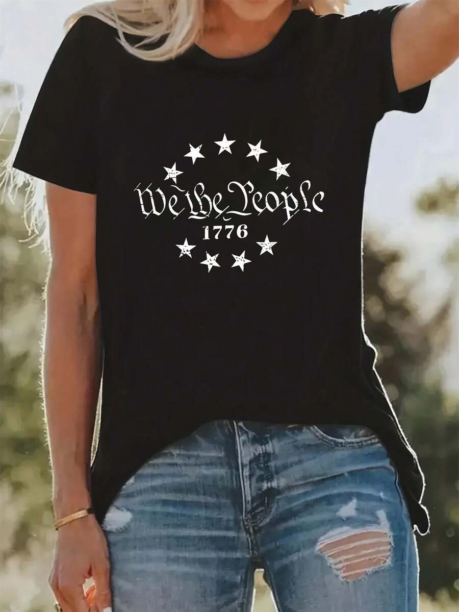 We The People 1776 Patriotic Stars & Stripes Print Womens T-Shirt - Black with White Lettering, Short Sleeve Crew Neck Casual Top, Medium Stretch Machine Washable Summer & Spring Tee, Casual Attire, Vacation Friendly Attire
