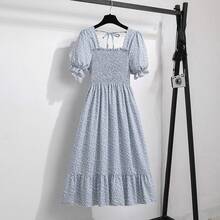 Primavera Verano Vestidos de gasa moda femenina cintura elástica manga corta plisado vestido Casual mujeres A-line Vestidos - lansebaixiaohua - Ver 5
