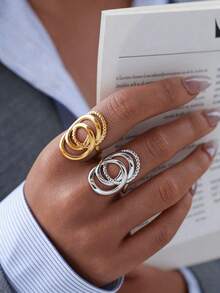 Uself 2pcs/1pc Gold-Plated Stainless Steel Rings For Women, Dual-Tone Overlapping Oval Rings, Stackable Open Rings, Fashion Jewelry Accessories For Women, Suitable For Daily Wear And Party Gifts, Western Jewelry, Women's Brand - Multicolor - View 6