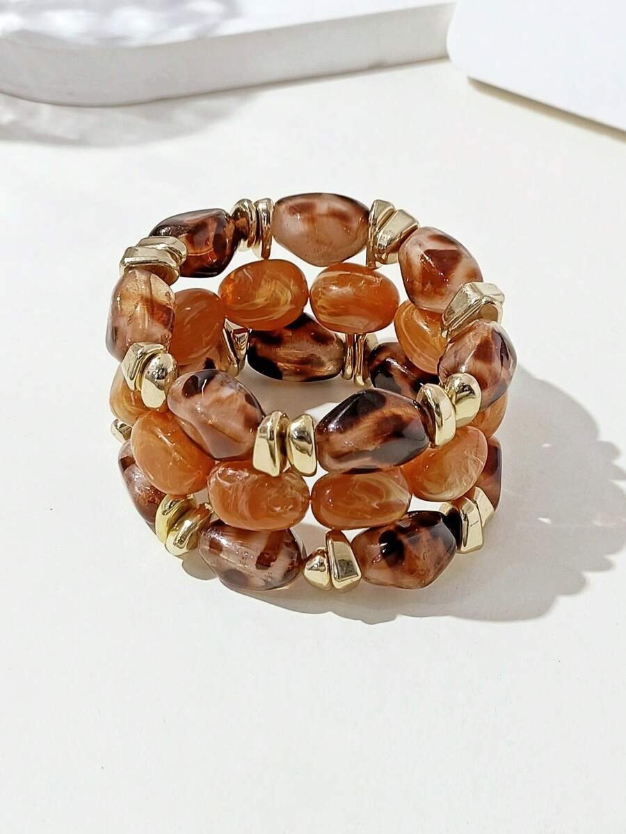 3pcs/Set Vintage Boho Thick Multi-Layer Leopard Acrylic Beaded Bracelet, Luxury High-End For Women, Couples, Party, Daily Wear
