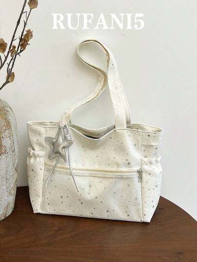 A Casual Solid Color Large Capacity Star Patterned Handbag Without Hanging Accessories, Versatile And Practical Multi Pocket Commuting College Style Women's Shoulder Bag, Suitable For Shopping, Wallets, Shopping, Young Women, College Students, Newcomers, And White-Collar Workers. They Are Very Suitable For Offices, Universities, Work, Business, Commuting, Outdoor Activities, Travel, And Outings
