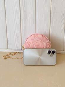 Bolso de mano redondo con flores de encaje 3D de moda, bolso cruzado de hombro con cadena multiusos y único - Rosa - Ver 3