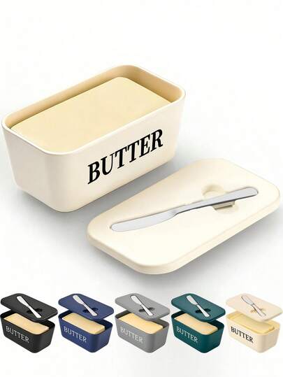 1pc Plastic Butter Dish With Butter Knife And Lid, Butter Storage Container For Kitchen Baking And Gifting, Sealed Butter Holder To Cover Countertop Or Refrigerator, Dishwasher