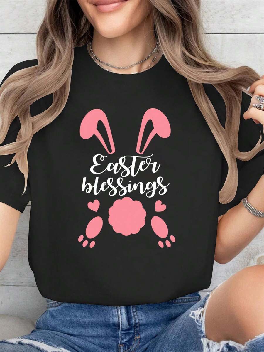 Camiseta corta de las bendiciones de Pascua de ajuste delgado de las mujeres - lindo cordero y cordero patrón primavera verano, 100% tela blusa casual para traje casual y trajes de Pascua