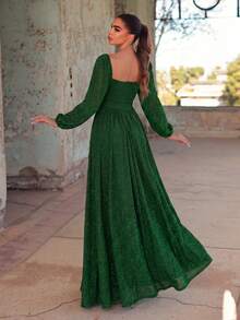 Elegant Square Neck Lantern Sleeve Long Party Evening Dress, With Detachable Waistband, Suitable For Formal Parties, Charity Galas, Weddings - Dark Green - View 2