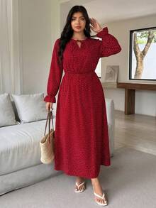 Elegante vestido largo de lunares rojos de manga larga para mujer de talla grande, vestido casual de túnica con cuello redondo para vacaciones - Rojo - Ver 3
