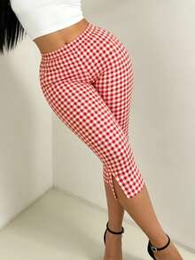 Nuevos pantalones capri ajustados informales a cuadros rojos y blancos con bajos con vuelta elegantes y con estilo y de longitud tres cuartos - Rojo - Ver 4