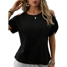 Camiseta de mujer con hombros descubiertos, manga corta, botones, tejido suave, corte holgado, informal, elegante, transpirable, para primavera y verano, uso diario - Negro - Ver 1