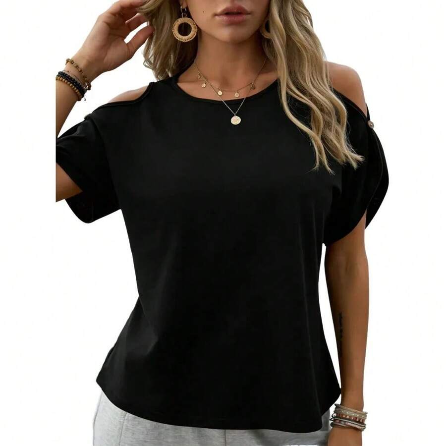 Camiseta de mujer con hombros descubiertos, manga corta, botones, tejido suave, corte holgado, informal, elegante, transpirable, para primavera y verano, uso diario - Negro - Ver 1
