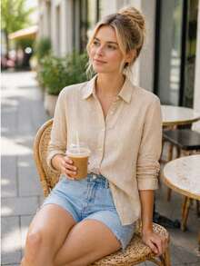 Linen Button-Down Shirt, Beach Cover-Up, Long Sleeves, Striped, Polyester, Button-Down, Vacation, Daily, Travel, Summer. - Caqui - Ver 1