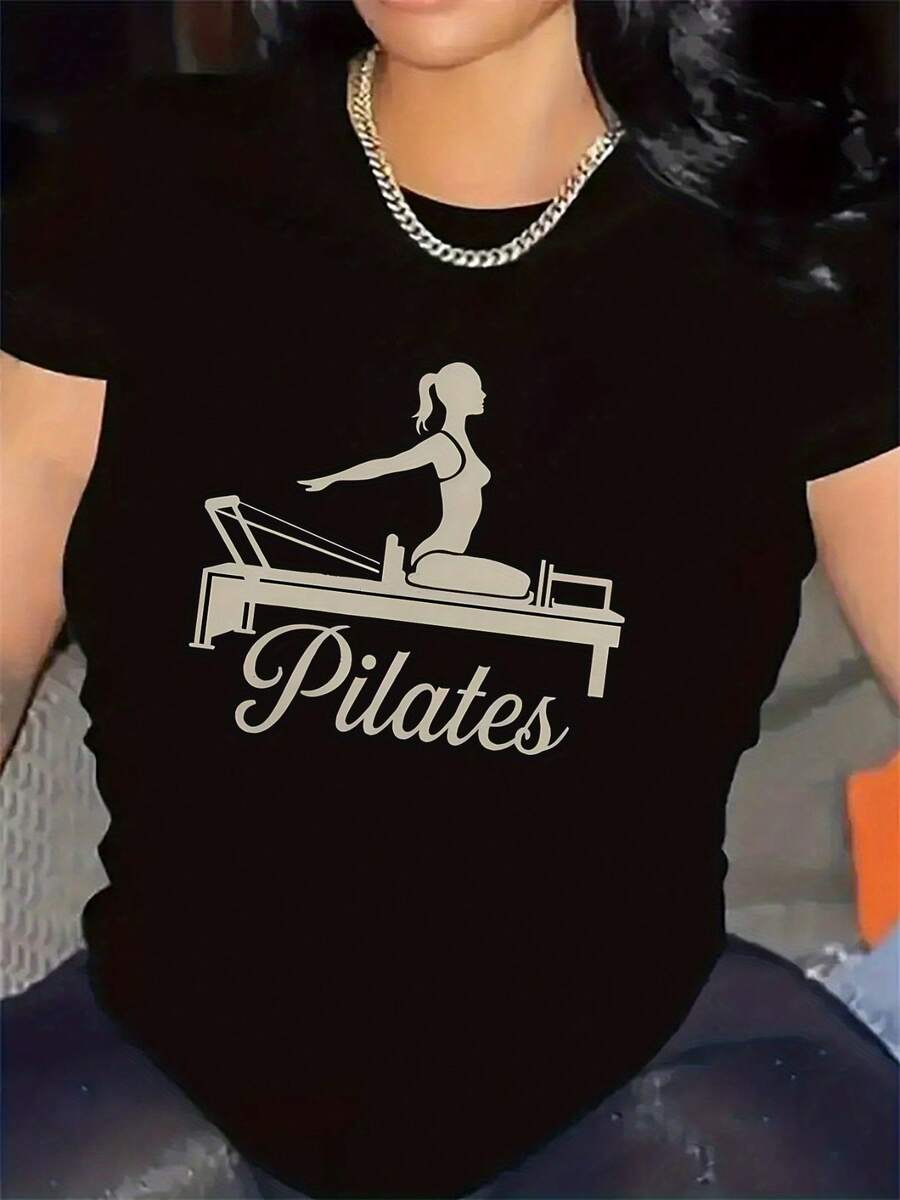 Camiseta gráficilates negra y blanca de mujer - duradera, cómoda y transpirable, ligera para entrenamientos de gimnasio y actividades de fitness, diseño elegante con estampado "Pilates", perfecta para uso en interiores y exteriores, ropa de gimnasio
