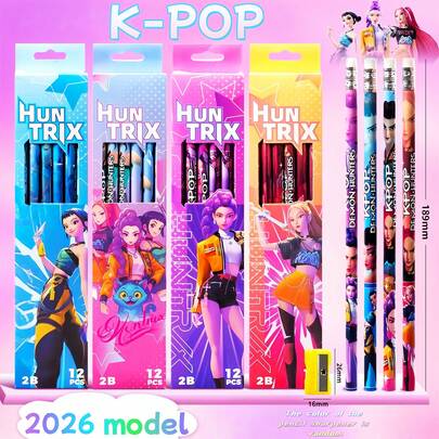 Hộp 12 bút chì K-Pop D-Emon Hunter 2B, kiểu dáng ngẫu nhiên, thích hợp làm đồ dùng cho tiệc tùng, phần thưởng học sinh.