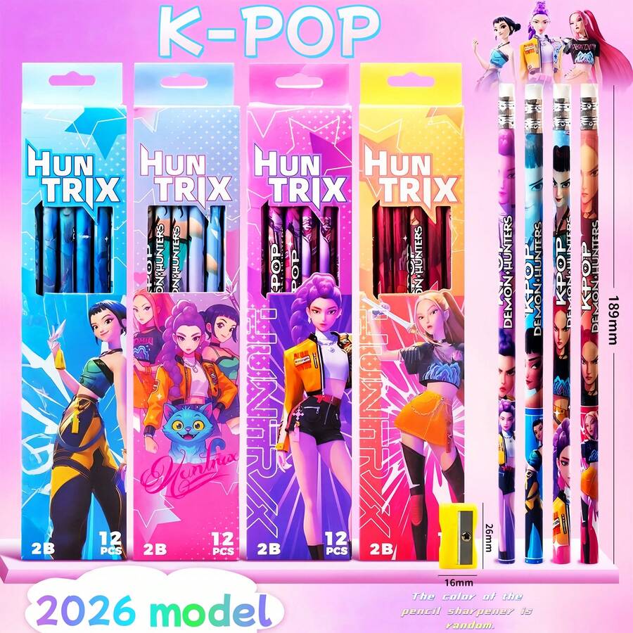 12支/盒 K-Pop D-Emon Hunter 2B铅笔，款式随机，适合派对用品、学校奖励 - 彩色 - 查看 1