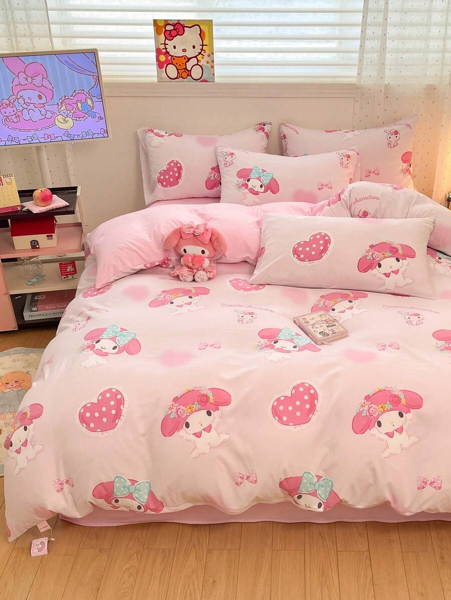 SANRIO 三丽鸥可爱印花三件套床上用品 - 美乐蒂（1 个被套 + 2 个枕套，不含被芯），卡通全尺寸，柔软舒适，适合宿舍、家庭卧室、酒店，四季皆宜，带拉链封口和枕套，多色耐用，超大尺寸被套套装