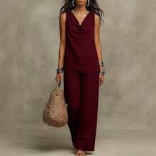 Women's Sleeveless Cowl Neck Top & Wide Leg Pants Set, Chic Casual Two-Piece Boho Summer Outfit - trắng - Xem 9