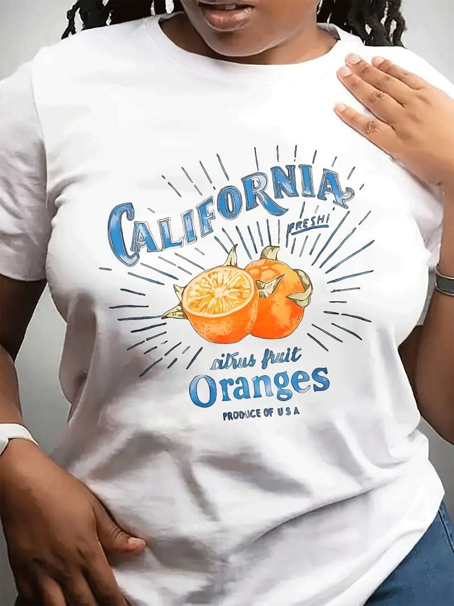 Fashionable Casual T-Shirt With A Round Neck, Short Sved Top Can Be Worn For Everyday Wear. The Striking Orange Printed Pattern Is Suitable For Friends, Family, And Casual Outings. - 白色 - 查看 1