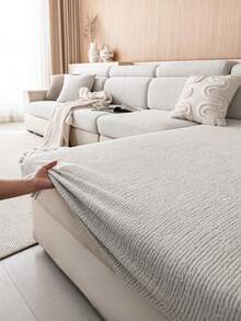 1pc Solid Color Plush Elastic Sofa Cover, Bohemian Style Sofa Slipcover, Protects Sofa From Slipping And Scratches, Suitable For 1/2/3/4 Seat Sofas, Machine Washable, For All Seasons - Light Grey - View 5