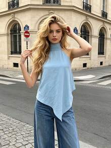 Top para Mujer Blanco Sólido de Cuello Halter con Espalda Descubierta Asimétrica, Sin Mangas y Holgado, Sexy para Fiestas y Salidas Nocturnas de Verano - Azul - Ver 5