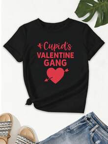 1pc Women's Plus Size Summer Clothes - A Loose Fit Cupid Lover Graphic Tee, Stylish Women's Wear, Short Sleeve Crew Neck, Casual And Elegant Top, Suitable For Parties, Holiday Gifts, Daily Wear And Home Leisure - 黑色 - 查看 1