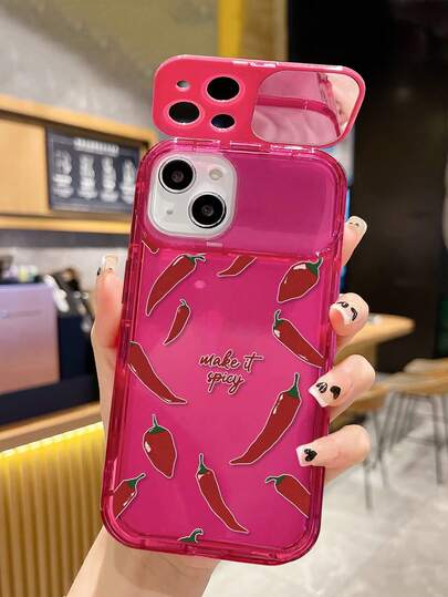 1pc Hot Pink Chili Pepper Painted Flip Cover Mirror, Minimalist Phone Case With Mirror Stand, Shockproof Protective Cover Compatible With IPhone 17pro/17Air /17/17promax 16/11/16pro/16plus/16promax/16e/15Promax/13/14/12/XS/XR/7G/8PXR /7/8, Painted Soft TPU Shockproof Case For IPhone 15Promax, 13, 14, 11, X, 12, 14