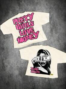 A 220-Gram Pure Cotton T-Shirt. On The Back, There Is "PRETTY GIRLS LOVE MONEY" In Pink, Distressed-Style Font. On The Front, There Is An Image Of A Woman Covering Her Eyes With A Dollar Bill. The Style Is Bold And Full Of Streetwear Vibes, Suitable For Daily Summer Wear.Summer Outfits For Women - 藍色 - 查看 8