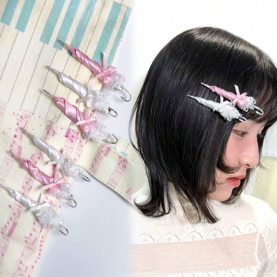 レース 傘モチーフ ヘアクリップ プードルクリップ 2点セット ピンク&ホワイト 前髪用 サイド用 デザイン性 シンプル 可愛い おしゃれ 2026新作 ギフト 人気 - ピンク+ホワイト - チェックする 1