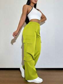 Pantalones cargo ligeros y elegantes con múltiples bolsillos, estilo Y2K, en color verde limón, adecuados para volver al colegio, graduación, club, fiesta de cumpleaños, Halloween, Acción de Gracias, festival de música, gimnasio, playa, oficina, uso diario, al aire libre, deportes, aeropuerto, calle, Día del Maestro, primavera, verano, otoño, invierno - Verde limón - Ver 9