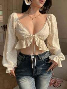 Blusa de encaje calado en beige, de moda para el Día de San Valentín, boda, fiesta, festival de música, vacaciones de playa casual.Crop top corto con diseño de nudo delantero, camisa ajustada para mujer, primavera/verano - Beis - Ver 4