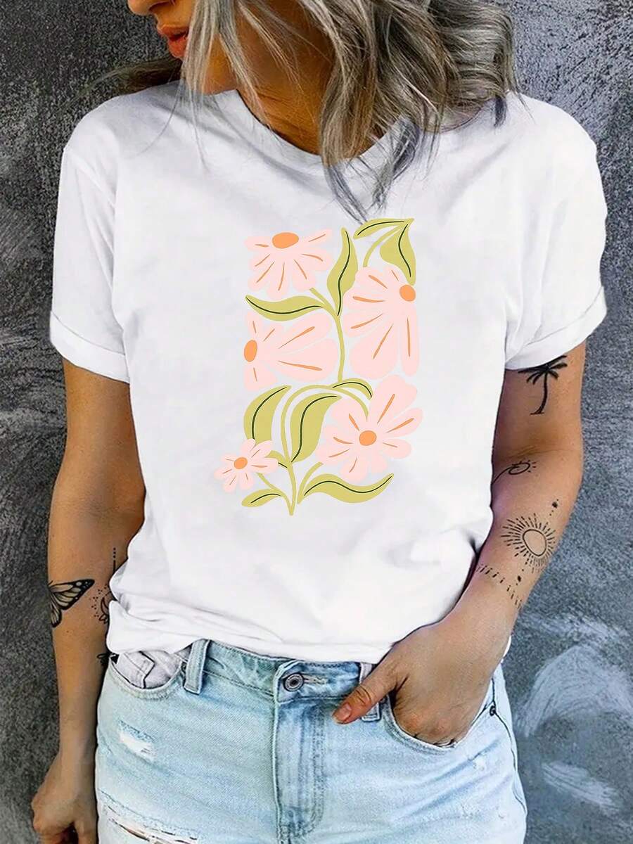 Camiseta casual de cuello redondo de las mujeres con impresión de letra elegante para la primavera y el verano
