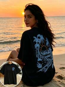 Women's Black Plus Size Tee With Beach Sunset And Palm Tree Graphic Print Casual Short Sleeve - 黑色 - 查看 14