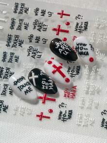 1 Sheet Dark Edgy 6D Embossed Nail Art Stickers, Includes Black, White, Red Cross, Personalized English Slogans (DON'T TOUCH ME/Who Are U?), Suitable For Street Style, Dark Aesthetic, Personalized Nails, Baddie Looks, Ideal For Subculture Enthusiasts, Baddie Girls, Students, Nail DIY Beginners, Edgy Fashionistas - Multicolor - View 12