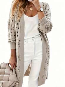 Women's Elegant Knit Sweater, Hollow-Out, Floral Pattern, Soft & Comfortable, Suitable For Daily Wear - Khaki - View 5
