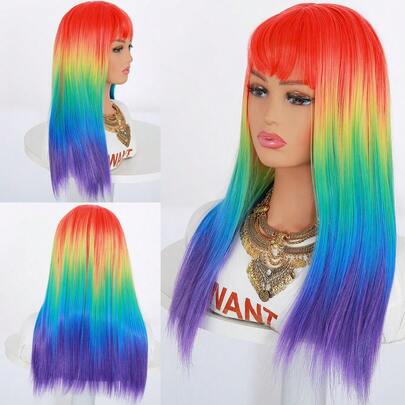 1 Rainbow Gradient Long Straight Wig (With Bangs Design, Vibrant Color Mixing, Natural Texture, Easy To Wear, Bold And Eye-Catching Style) - Suitable For Pride Month Events, Music Festivals, Cosplay Costumes, Theme Parties, Halloween Styling