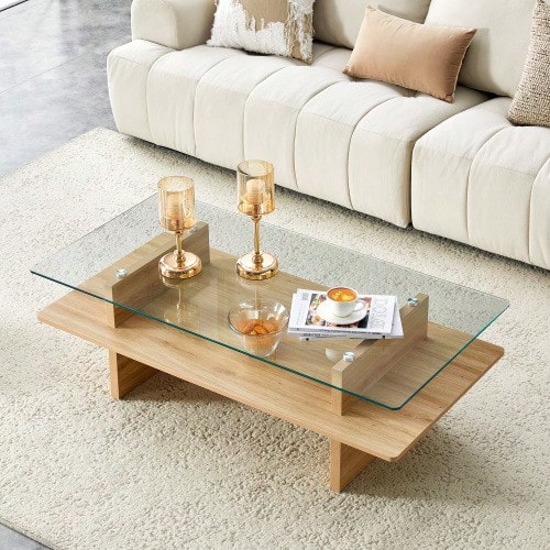 Two-Layer Tempered Glass & MDF Coffee Table, Natural Wood Finish. Modern Double-Layer Coffee Table With Sturdy Frame For Living Room Or Office. - Wood - View 1